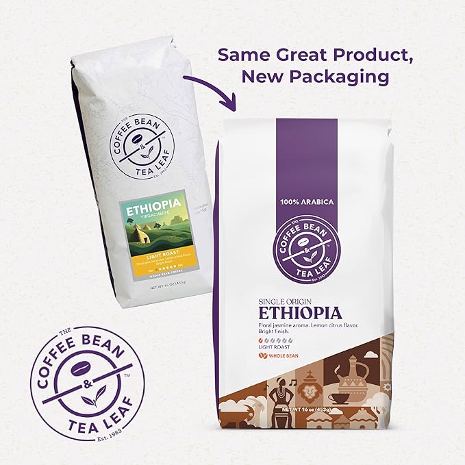 The Coffee Bean & Tea Leaf, Ethiopia Yirgacheffe Single Origin, Light Roast Whole Bean Coffee Beans - 1lb bag (16oz)
