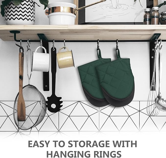 1 Pair Short Oven Mitts - Silicone Kitchen Oven Gloves High Heat Resistant 500℉, Mini Oven Mits with Non-Slip Grip Surfaces and Hanging Loop for BBQ, Baking, Cooking and Grilling (ArmyGreen)