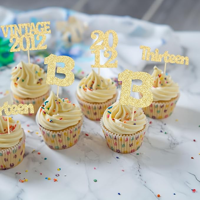 Gyufise 24Pcs Official Teenager 13 Cupcake Toppers Glitter Thirteen Vintage 2012 13th Birthday Cupcake Picks Hello 13 Years Birthday Cake Decor for Happy 13th Anniversary Party Supplies Gold