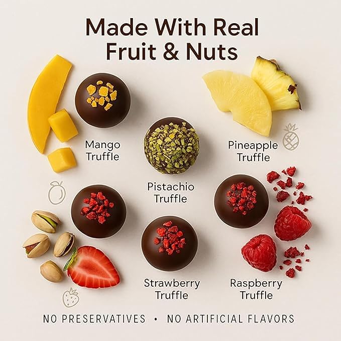 Andy Anand Chocolatier Belgian Chocolate Truffles - 25 Pcs Parisian Chocolate Truffles Gift Box With Mango, Pistachio, Pineapple, Raspberry & Strawberry, Decadent Belgian Truffles (25 Pcs, 8 Oz)
