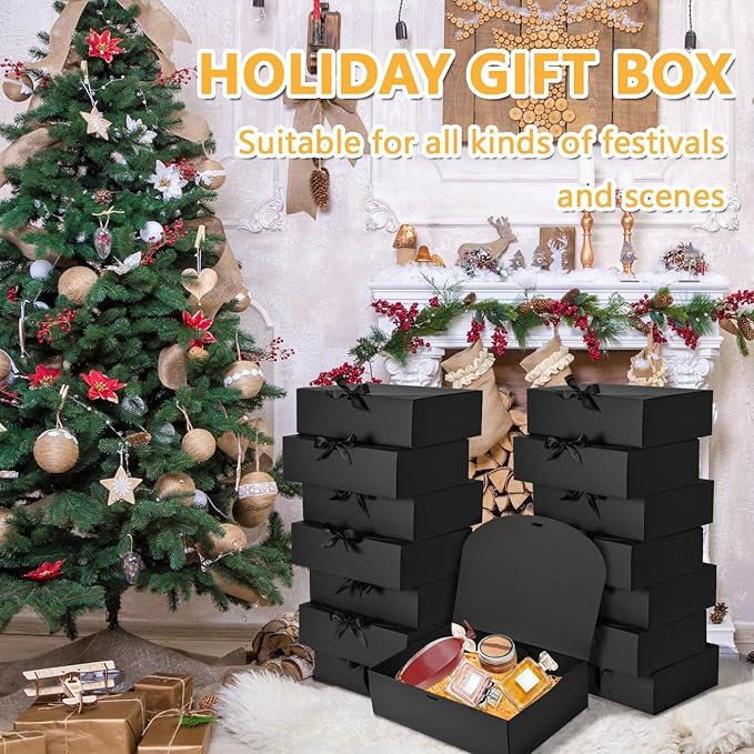 12Pack Black Gift Boxes with Lids, 12×9.8×3.1 Inch Groomsmen Proposal Box, Luxury Black Gift Box with Ribbon for Bridesmaid Box, Graduation, Christmas, Wedding, Birthday, Party