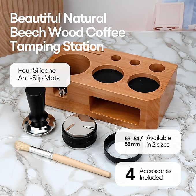 Espresso Tamping Station With Tools - 58mm - Includes Coffee Tamper, Distributor, Dosing Funnel & Brush - Wooden Coffee Tamper Station - Espresso Organizer & Portafilter Holder