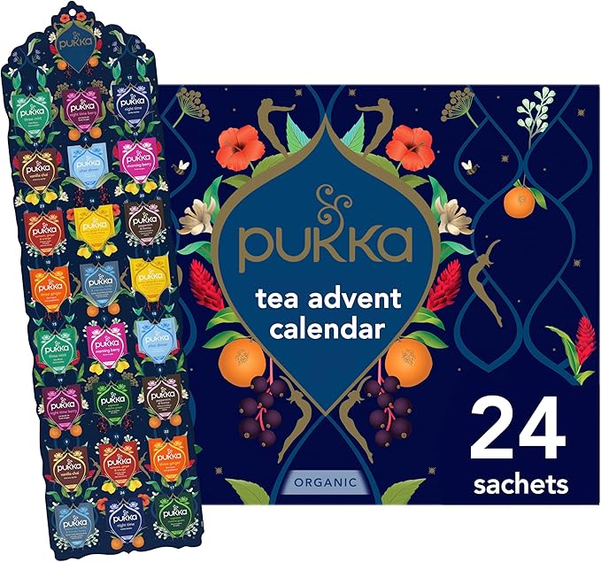 Pukka 2024 Advent Calendar Organic Tea Sampler, Selection of 24 Delightful Black & Green Tea Infusions, Christmas Gift for Tea Lovers, 100% Organic