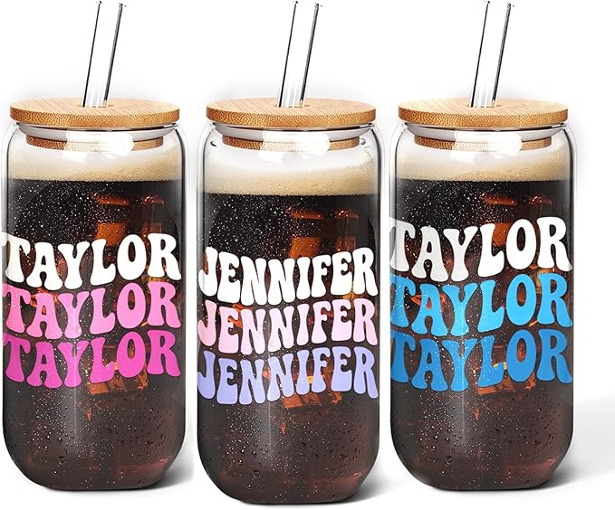 Personalized Tumbler with Name-Glass with Lids and Straws-18OZ Iced Coffee Cups with Lids, Cute Glass Cups, Mothers Day Birthday Gift for Women Her (TwsName)
