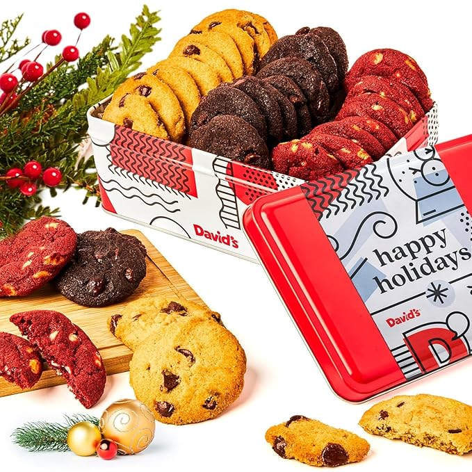 David's Cookies Happy Holidays Mini Cookies in Sweet Sampler Tin - Assorted Mini Christmas Cookies with Chocolate & White Chocolate Chip and Red Velvet - Gourmet Cookie Gift Basket for Christmas 14oz