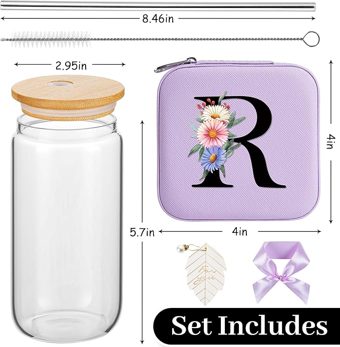 AYGXU Travel Must Have Jewelry Box with Bamboo Lids, Small Travel Case, Birthday Gift for Mom, Initial R Purple
