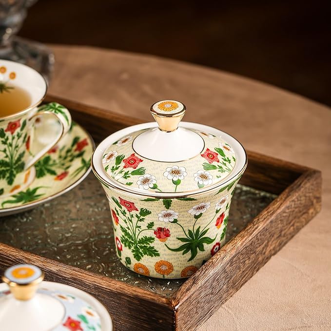 ACMLIFE Tea Set for Adults- Fine China Tea Set for 6, 21-Piece Vintage Coffee Set English Porcelain Tea Pot Sets for Adult Tea Party for Women Gift (Yellow ZF, Extra Large 21)