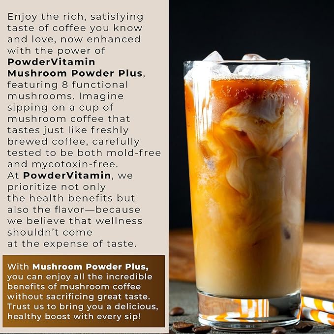 PowderVitamin Organic Mushroom Coffee Certified Mold & Mycotoxin-Free GrassFed Collagen Types I & III 8 Fruiting Body Mushrooms Tested for Beta-Glucans Focus Energy Digestion & Immunity 30 Servings