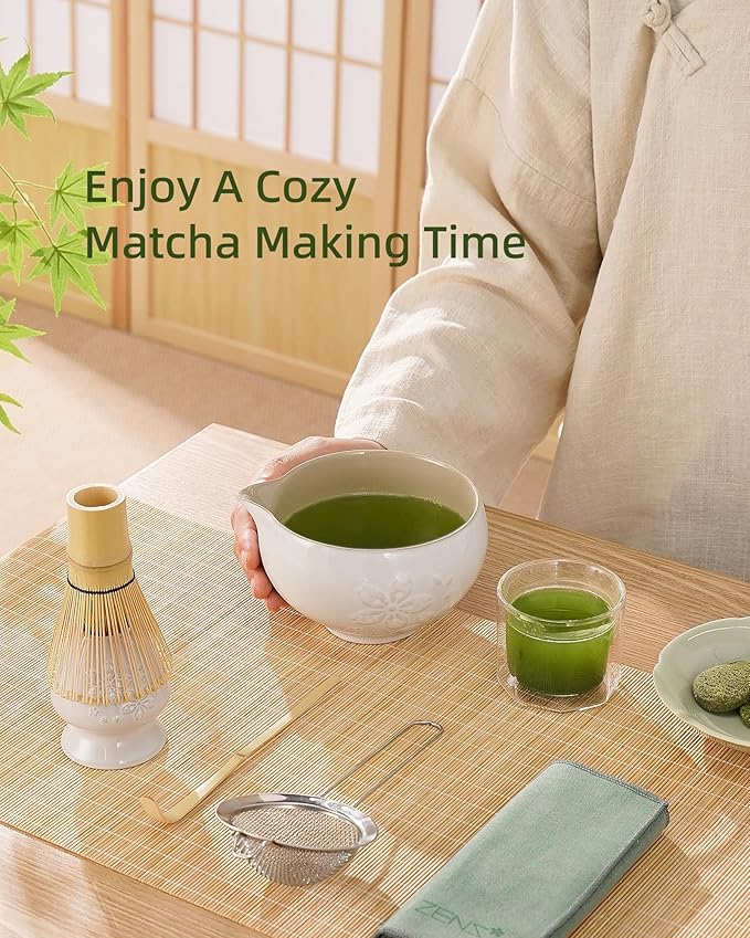 ZENS Matcha Whisk Set, Ceramic Matcha Set Includes 15oz Sakura Bowl, Bamboo Whisk & Chasen Holder, Scoop & Sifter-Tea Towel, 6pcs Matcha Kit for Matcha Lovers, White