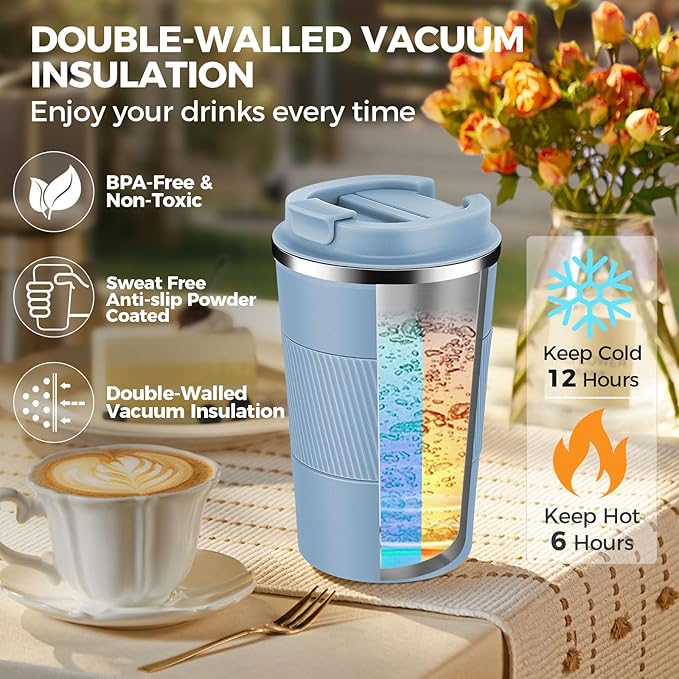 Volhoply 13 oz Stainless Steel Insulated Travel Coffee Mug with Fip Lid Bulk 2 Pack,Reusable Double Wall Vacuum Metal Coffee Cup,Portable Leak Proof Thermal Tumbler for Hot & Cold Drinks(Fog,2)
