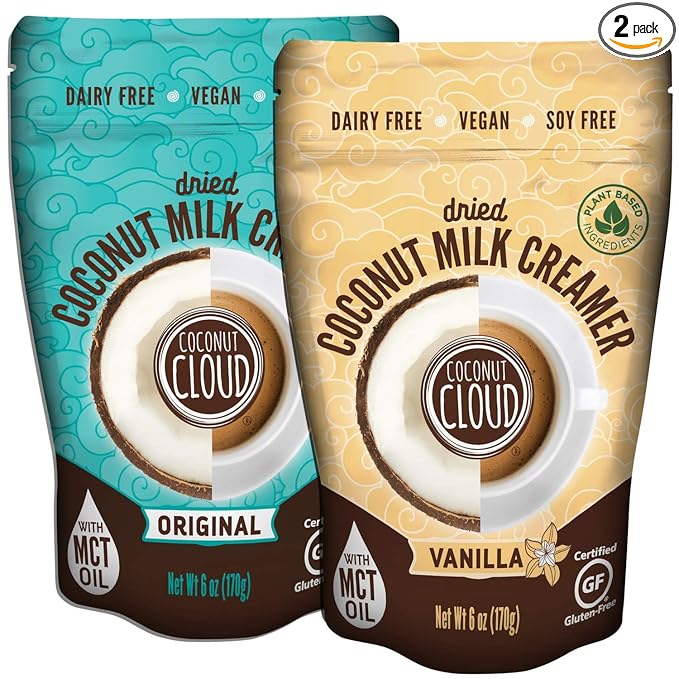 Coconut Cloud: Plant Based Dairy Free Coffee Creamer | Keto Friendly, Unsweetened Coconut Milk Powder | Low Sugar, Dairy Free, Non-GMO, Plant Based, Gluten & Soy Free, USA Made, (Vanilla & Original Combo), 2-Pack