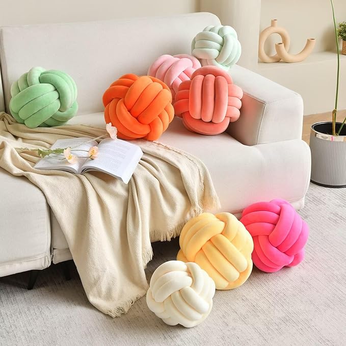 Decorative Throw Knot Pillow Ball for Home Chair Sofa Couch Bed Aesthetic Round Velvet Knotted Pillow Cushion (Orange, 11 inches)