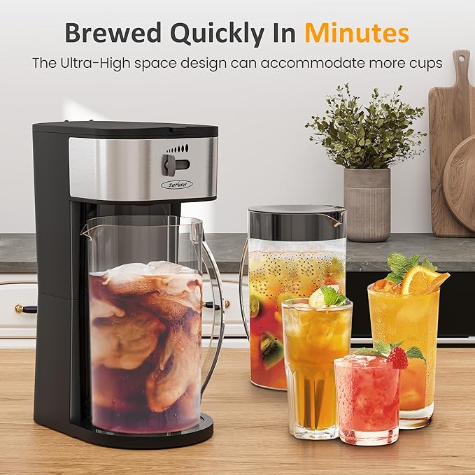 SUNVIVI Iced Tea Maker with 3-Quart Pitcher, Iced Coffee Brewing Maker for Ground Coffee, Tea Bags, Loose Leaf Tea, 7 Cups Coffee Machines for Home, Strength Control for Flavor, Black