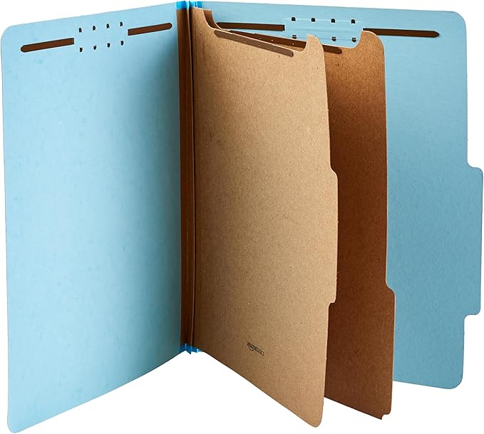 Amazon Basics Classification Folder with Prongs, 100% Recycled, 2 Dividers, 2" Embedded, 12.17 x 10.39 inch (Letter) Size, Light Blue, 10 Count per Box