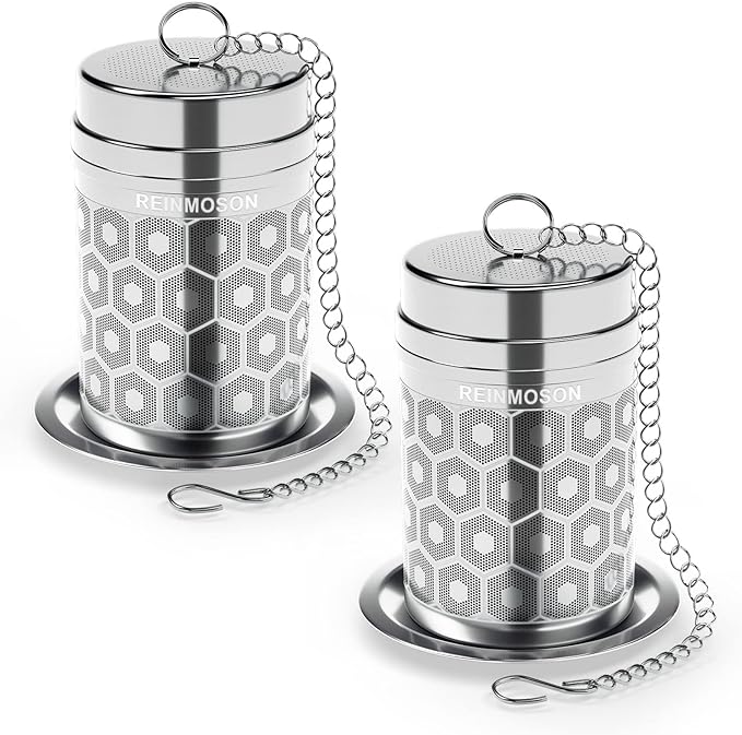 2 Pack Reinmoson Tea Strainers for Loose Tea, Extra Fine Mesh Tea Infuser, 304 Stainless Steel & Updated Slim Threaded Lid, Loose Leaf Tea Steeper for Black Tea, Rooibos, etc