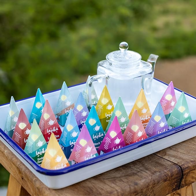 Lazika Tea Variety Pack with Lovely Presentation Box, Black, Green and Herbal Tea Sampler Gift Set, 20 Counts, Premium Collection with Pyramid Infuser Bag, Handcrafted