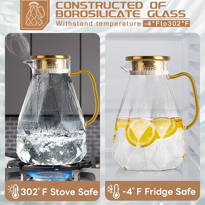 Yirilan Glass Pitcher,74oz/2.2 Liter Water Pitcher with Lid,Beverage Serveware,Iced Tea Pitcher,Water Carafe Handle,Heat Resistant Borosilicate Jug（with Mixing Spoon and Cup Brush）