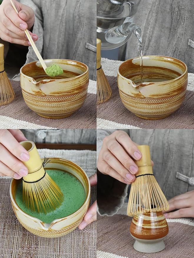Matcha Tea Set – 4 Piece Traditional Japanese Matcha Kit with Beige & Brown Ceramic Spout Bowl, Whisk, Holder, Scoop & Guide – Authentic Tea Ceremony Set for Home Use