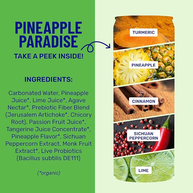 wildwonder Sparkling Probiotic Drink 12pk, For Gut Health & Immune Support, Pineapple Paradise, 5g Prebiotic Fiber, Live Probiotics, Organic, Vegan, Low Sugar, 12 Pack, 12oz Can, As Seen on Shark Tank