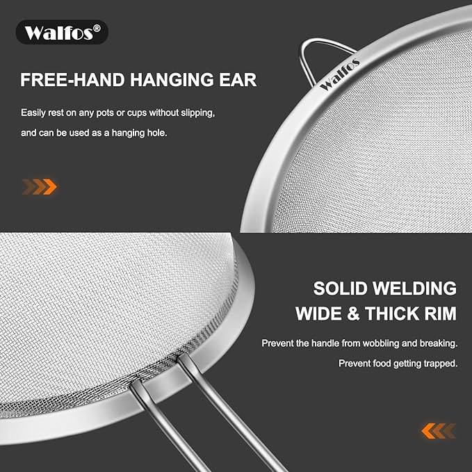 Walfos 6.3 Inch Fine Mesh Strainer, Premium Stainless Steel Sieve and Sifter with Handle, Kitchen Metal Strainers for Rice, Quinoa, Fruits, Noodles, Flour