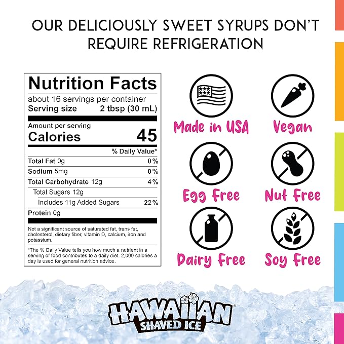 Hawaiian Shaved Ice Syrup Variety Pack - 10 Premium Snow Cone Flavors - Long-Lasting Shaved Ice Flavorings for Home & Business Use - 16oz Bottles