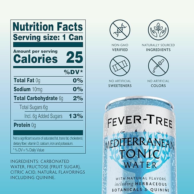 Fever-Tree Mediterranean Tonic Water - Premium Quality Mixer - Refreshing Beverage for Cocktails & Mocktails. Naturally Sourced Ingredients, No Artificial Sweeteners or Colors - 5.1 Fl Oz Cans - Pack of 8