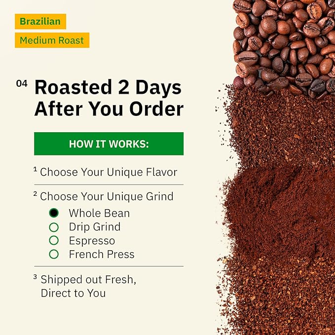 Brazilian Santos Medium Roast Coffee Beans - Single Origin Arabica Specialty Coffee Beans, Freshly Roasted to Order, Fair Trade
