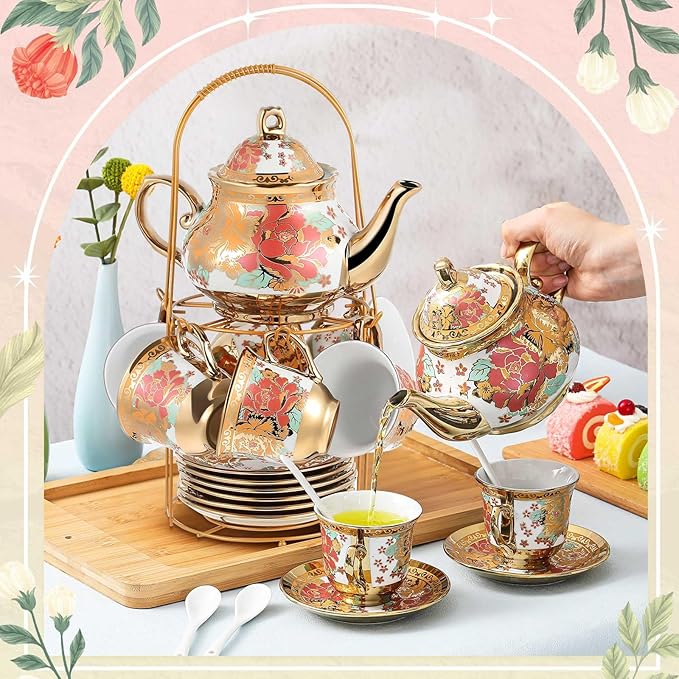 Zhehao 20 Pcs Porcelain Tea Set with Metal Holder and Spoon Adult Ceramic Tea Party Set European Flower Painting Teapot Cup Saucer Spoon Set for Women, Large Version(Stylish Style)