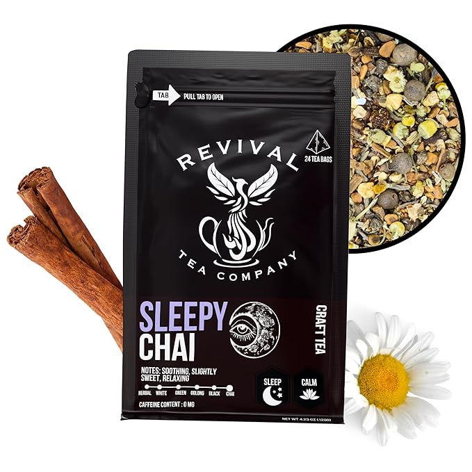 Revival Tea Company Sleepy Chai Tea - Rooibos Chai Tea Red Tea Blend with Valerian Root and Fresh Spiced Chai Flavor - Caffeine Free - Loose Leaf 8 Ounces