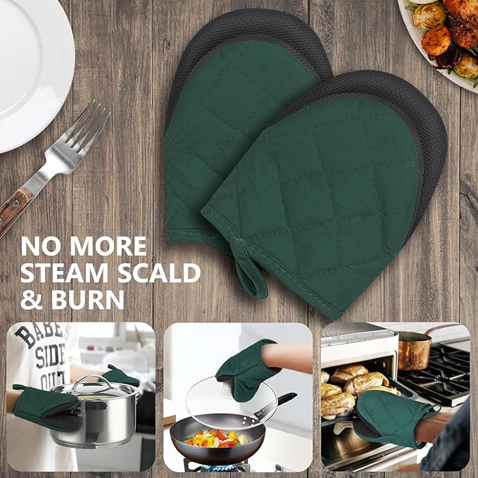 1 Pair Short Oven Mitts - Silicone Kitchen Oven Gloves High Heat Resistant 500℉, Mini Oven Mits with Non-Slip Grip Surfaces and Hanging Loop for BBQ, Baking, Cooking and Grilling (ArmyGreen)