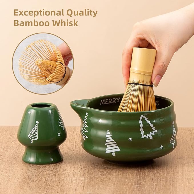5pcs Premium Matcha Set,Ceramic Bowl with Spout and Bamboo Whisk set, Ceremonical Matcha Kit for breakfast/latte,Tea Starter Making Kit,Christmas Matcha Gift set (Christmas Tree)