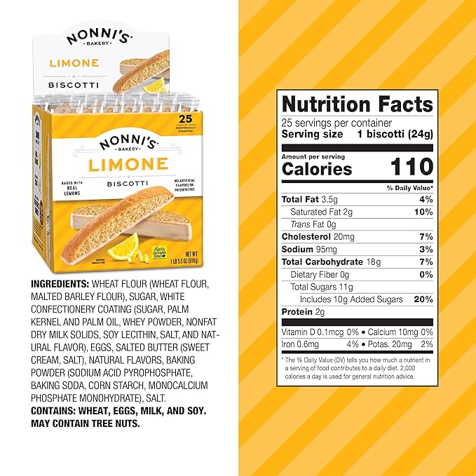 Nonni's Limone Lemon-Iced Biscotti Cookies – Individually Wrapped Italian Tea-Time Snack, Crunchy Twice-Baked, 110 Cal Each, 21.5 oz Carton