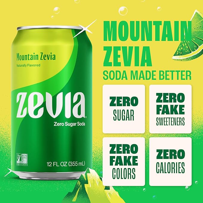 Zevia Zero Sugar Soda, Mountain Zevia, 12 oz Cans (24-Pack) – Naturally Sweetened, Non-GMO Project Verified, Gluten-Free, Vegan