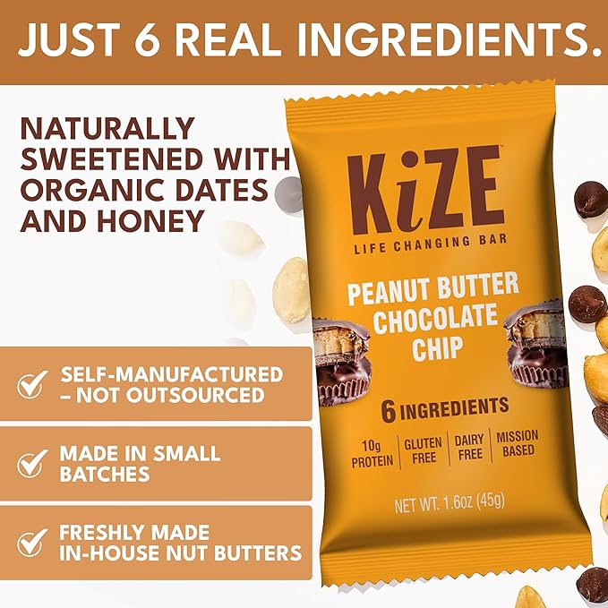 KiZE Energy Bars - Peanut Butter Chocolate Chip - Gluten Free, Dairy Free, Non-GMO, and High Protein Meal Replacement Energy Bars, Clean and Simple Food Ingredients - 10g High Protein Snacks, (10 Count)