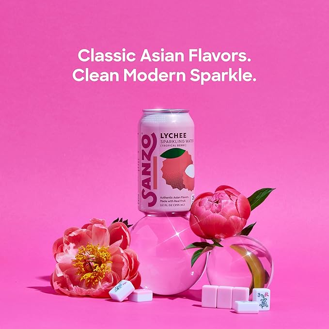 Sanzo Flavored Sparkling Water - Tropical Berry Seltzer (Lychee) - Low Calorie Low Sugar Soda - Craft Asian Drinks - Vegan Gluten Free Carbonated Flavored Water - Fizzy Healthy Drinks - 12oz, 12 Pack