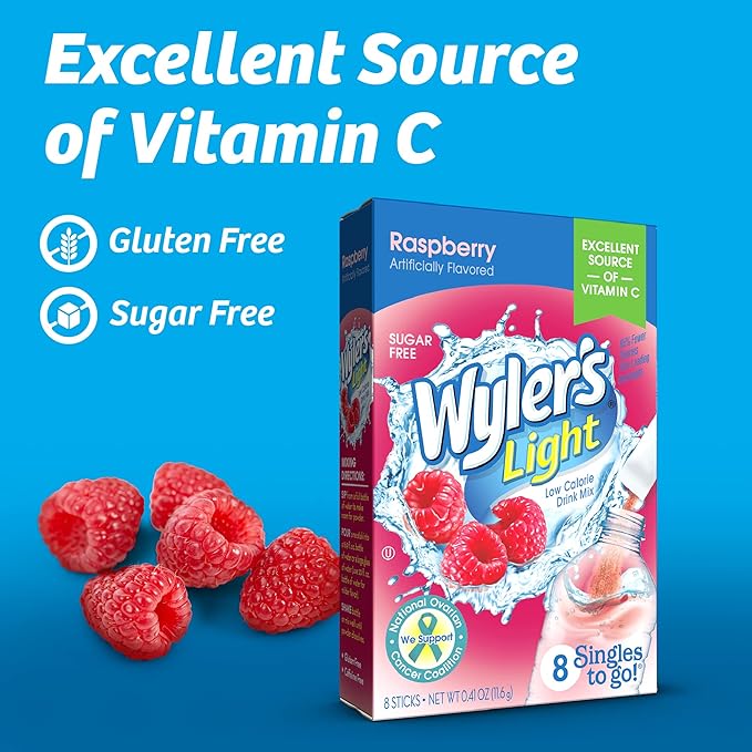 Wyler's Light Singles To Go Powder, Water Drink Mix, Raspberry, 8 per Box, 96 total Packets (Pack of 12)