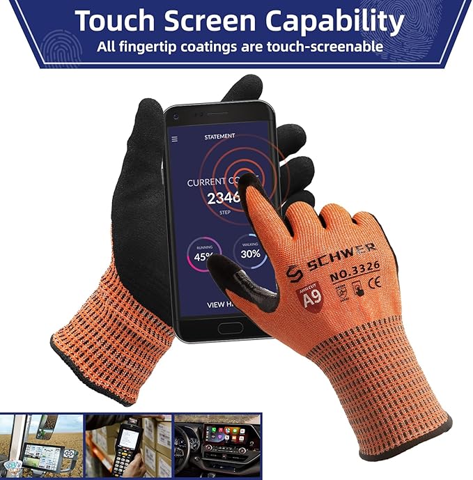 Schwer ProGuard Highest Level Cut Resistant Work Gloves PR3326 for Extreme Protection，ANSI A9 Cut Gloves with Reinforced Thumb, Non Slip, Breathable, Durable, Touch-screen, NON PFAS, Orange 1 Pair XL