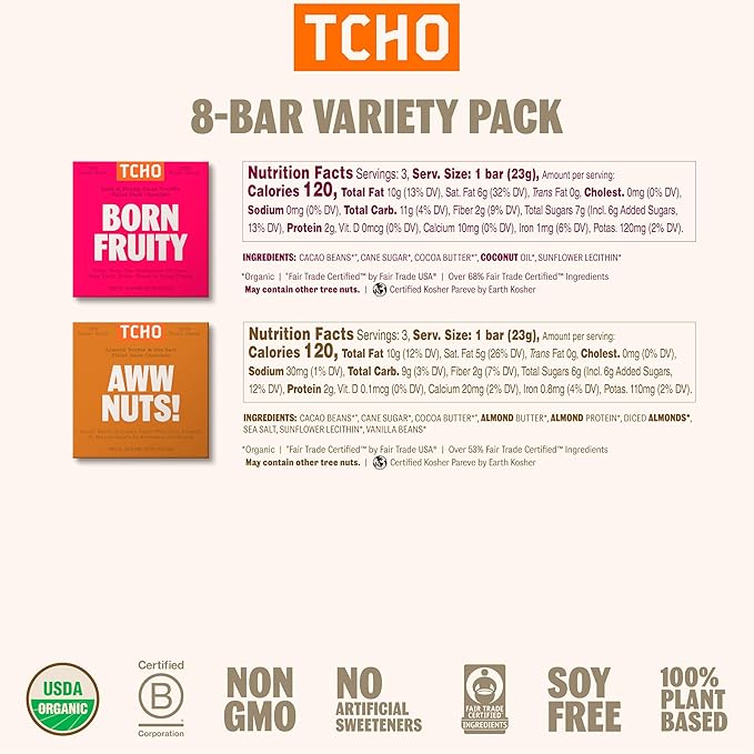 TCHO 100% Plant-Based Dark & Milk Chocolate Variety Pack - Gourmet Assortment with Toffee Time, Choco Latte, Dark & Salty, & More - Vegan No Artificial Sweeteners Chocolate Gift - 8 Count