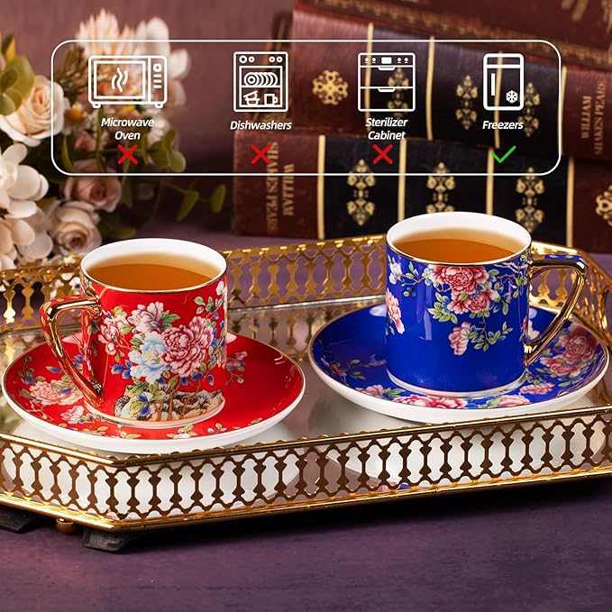 KAMMAK Tea Cups and Saucers Set of 2, Porcelain Coffee Cups with Saucer for Espresso, Cappuccino, 7.5oz Vintage Red and Blue Ceramic Demitasse Mug for Home, Tea Party, Office