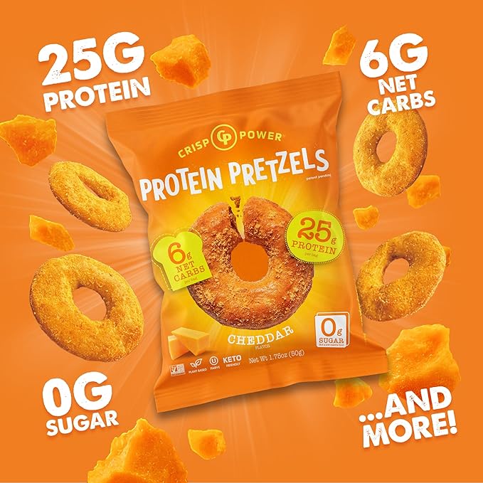 Crisp Power Protein Pretzels, NEW Cheddar, High Protein Vegan Keto Snack, 25 G Plant Based Protein, Low Carb Crunchy Pretzel Snacks, No Added Sugar, No Seed Oils, 1.75 oz Bags, 6 Pack
