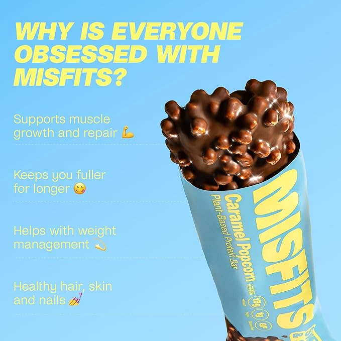 Misfits Vegan Protein (15 g) Bars, Sweet & Salty Caramel Popcorn | Plant Based, Gluten Free, Low Sugar & Carb Snacks with 4 g Fiber | Pack of 12