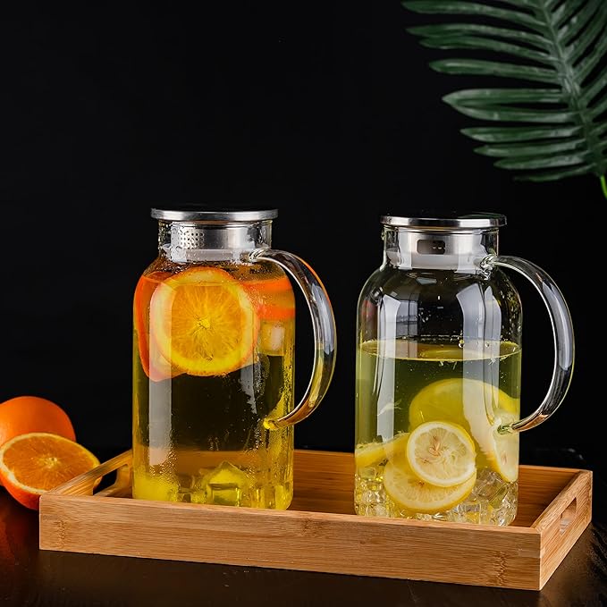 Round Glass Pitcher with Lid & Spout, 2 Pack 1.8L 60 Oz – Water Pitcher with Handle for Fridge, Brosilicate Glass Carafe Hot & Cold Drink, Large Jug for Icead Tea Coffe Juice, Jarra De Vidrio Con Tapa