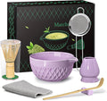 Matcha Whisk Set, 7 Pcs Matcha Kit, Ceramic Matcha Set Includes Matcha Bowl with Spout, Matcha Whisk and Holder, Bamboo Scoop, Scoop Rest, Sifter and Tea Towel (Royal Purple)