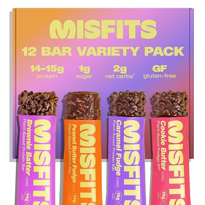 Misfits Protein Bars - High Protein Candy Bars | Gluten Free Plant Based, Low Sugar & Carb, High Fiber Snacks | Variety Pack of 12 (4 Flavors)