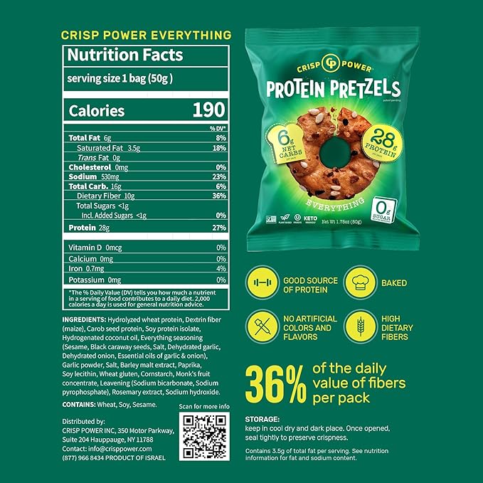 Crisp Power Protein Pretzels, Variety Pack With Sea Salt, Sesame, & Everything, Vegan Keto Snack, Plant Based Protein, Low Carb Crunchy Pretzel Snacks, No Added Sugar, No Seed Oils, 1.75 Oz Bags, 6 Pack