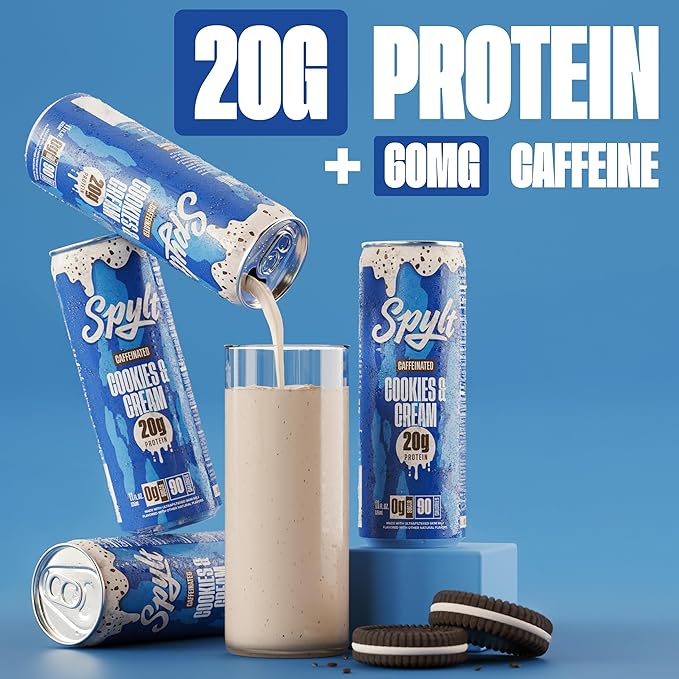 Spylt High Protein Cookies & Cream Milk with 60mg Caffeine & 20g Protein - 90 Calories, Ready to Drink, Sugar Free, Lactose Free Milk, Perfect for Workout Recovery & Afternoon Pick Me Up - 12 Count