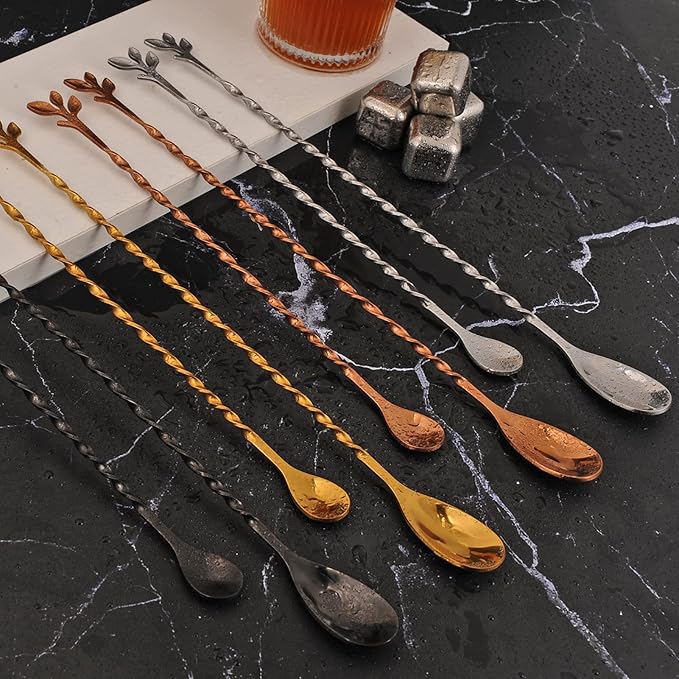 AnSaw Gold 12-Inch Stainless Steel Cocktail Spoon with Leaf Handle - Perfect for Mixing & Layering Drinks in Tall Cups, Bar & Shakers - Durable Long Handle Bar Stirrer,1-Pieces