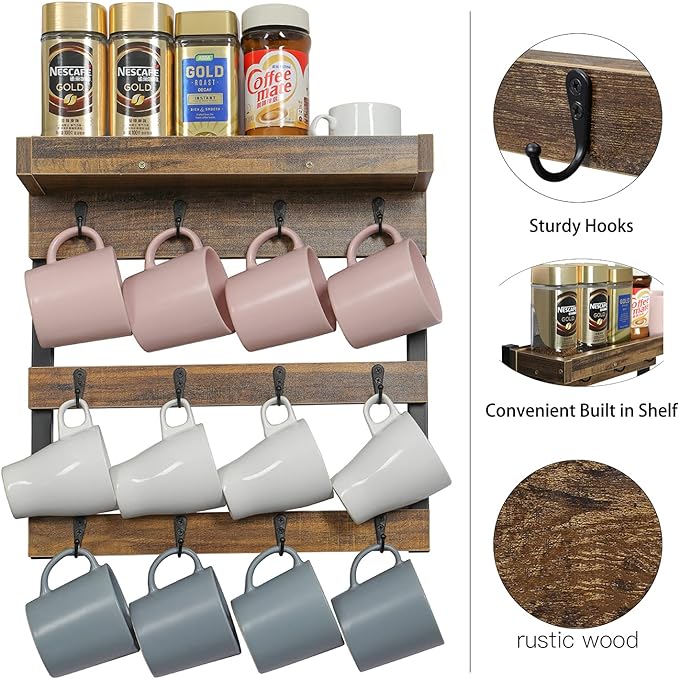 OROPY Coffee Mug Rack Wall Mounted, Rustic Wood Cups Rack with 12 Hooks and Storage Shelf, for Home Kitchen Display and Collection (Rustic Brown)