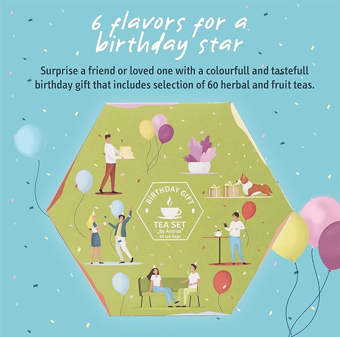 ACORUS | Birthday Gift Tea Set | Natural Tea Hamper Box Gift Set of 6 Flavors | Thoughtful Present for Birthday | Large Selection Box | Tea Gift Sets | 60 Herbal and Fruit Tea Bags Variety Pack