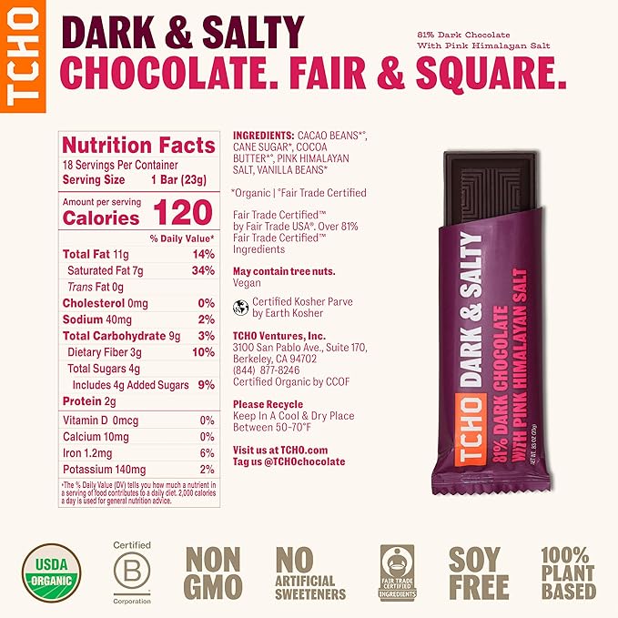 TCHO Singles Variety Pack - Plant Based, Organic Chocolate Singles - Vegan, Gluten-Free, Soy-Free - Handcrafted Pure Cacao Bars - Chocolate Bars - 18 Count - Holy Fudge, Toffee Time, Dark & Salty, Perfect Matcha (Pack of 4)